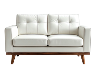 Modern white leather loveseat with buttoned back and wooden legs