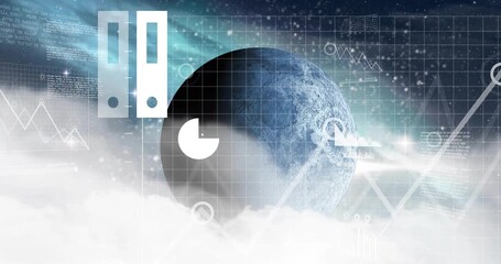 Animation of data processing over globe and clouds - Powered by Adobe