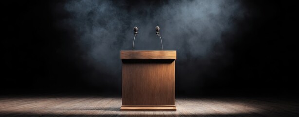 The Podium on a Dark Stage Under Dramatic Spotlight, Microphones Ready for Speech