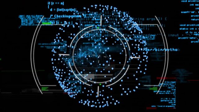 Digital data processing and cybersecurity animation over programming code background