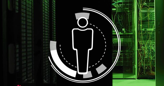Human figure icon and circular progress animation over server room background