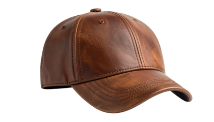 A detailed image of a brown leather baseball cap