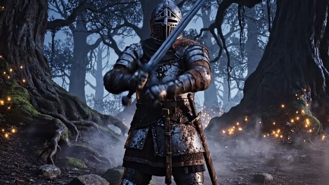 A daring knight stands ready in a mystical forest engulfed by fog and ethereal lights, poised for battle against unseen foes in a world of enchantment.
