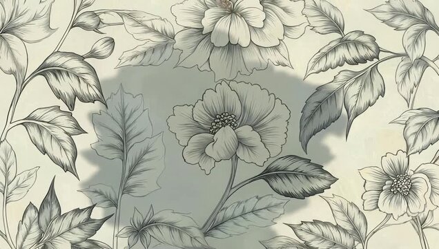 Floral pattern with detailed flowers and leaves in a monochrome color scheme.