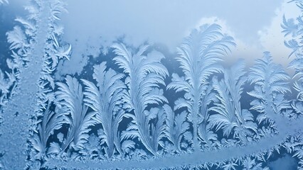 Frosty windowpane with intricate feather-like ice crystals frozen winter