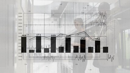 colleagues analyzing business data in office, showing digital bar chart and line graph overlay - Powered by Adobe