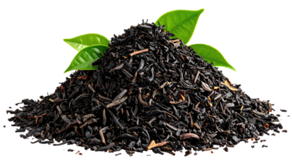 A pile of dark tea leaves with green tea leaves, close-up