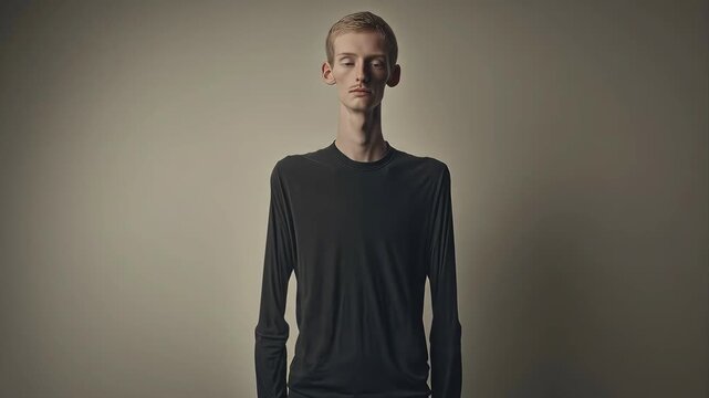 Medical video portrait of a tall, slender young adult with long limbs and fingers, subtle physical traits associated with Marfan syndrome, neutral facial expression