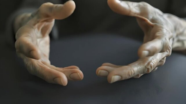 Close-up video, hands showing arachnodactyly characteristic of Marfan syndrome, elongated slender fingers, medical examination context