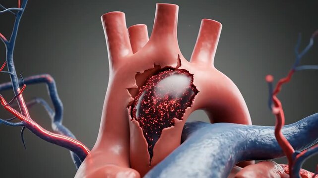 Video 3D biomedical CGI render of the human heart and aorta, anatomical proportions associated with Marfan syndrome, detailed vascular structures