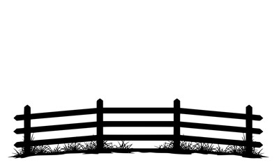 Fototapeta premium Black Silhouette of Curved Rustic Split Rail Fence with Grass, Country Farm Boundary Outline, Western Ranch Style