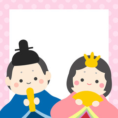 ひなまつりの正方形バナー｜かわいいお雛様とお内裏様、水玉模様のフレームと白背景、3月のイラスト