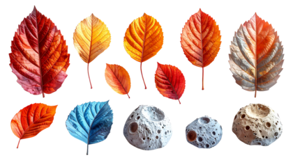 Autumnal leaves and moon-like objects on a stark black background