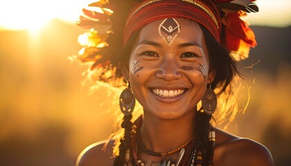 Radiant Portrait of a Smiling Indigenous Woman at Sunset.