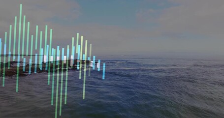 At third second animated equalizer bars emerging and pulsing over coastal waves to visualize audio - Powered by Adobe