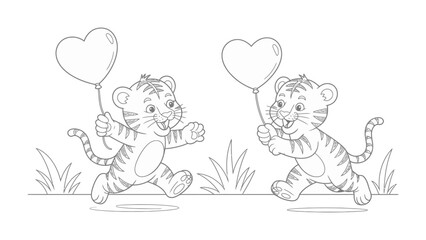Obraz premium Tiger Cub's Balloon: Two adorable tiger cubs frolic through a field, each holding a heart-shaped balloon. A whimsical scene of innocent joy and affection.