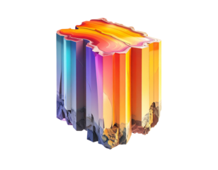 A block-like, colorful crystal formation against a black background
