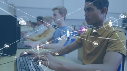 Teenage boy typing in computer lab and activating mic icon forming cloud infinity person network - Powered by Adobe