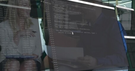 Two professionals sitting on sofa with clipboard discussing code leading overlay scrolling fading - Powered by Adobe