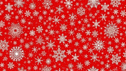 Red background with white snowflakes of various sizes and shapes snowflake pattern winter Christmas