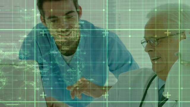 nurse entering from left and pointing at laptop explaining digital medical data overlay to doctor