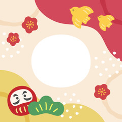 1月のバナー、和風の正方形バナー、だるまと松竹梅、千鳥のかわいいイラスト・コピースペースあり