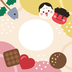 2月の正方形バナーのイラスト、節分とバレンタイン、鬼とお多福、チョコレートとハート、コピースペースあり