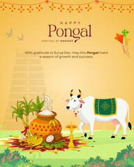 Festive Pongal poster design showcasing traditional Tamil harvest elements such as Pongal pot, sugarcane, kolam patterns, and warm cultural colors