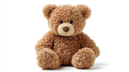 A toy bear with fluffy fur sits upright showing its round face and small nose. The bear is placed on a bright surface highlighting its soft texture during a playful moment at home.