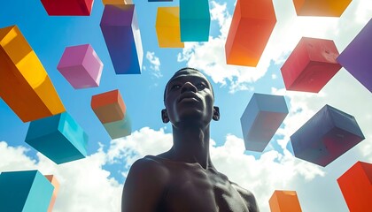 a man surrounded by colorful cube shapes against a cloudy sky