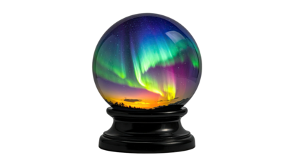 A crystal ball reveals aurora borealis within, set on a dark stand