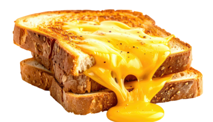 Golden, melted cheese oozes from a stack of toasted, textured bread
