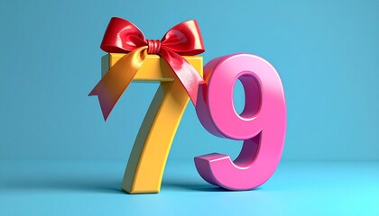 Number 79 wrapped with a festive ribbon. Image for birthday or anniversary party