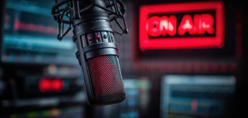 The Microphone in a Professional Podcast and Broadcast Studio with On Air Sign