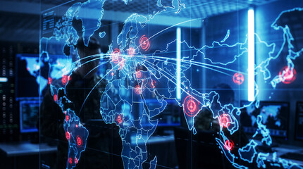 Global Network Connectivity: A captivating glimpse into the intricacies of global data flow, with a digital map of the world illuminated by networks of interconnected data points.