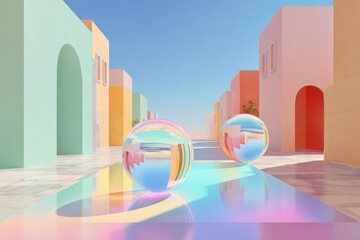 Pastellfarbene Architektur mit schwebenden Glaskugeln und gro&szlig;z&uuml;gigem Textfreiraum