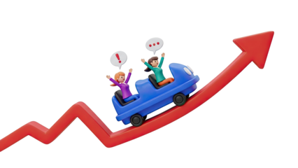 Cartoon characters on a roller coaster representing growth