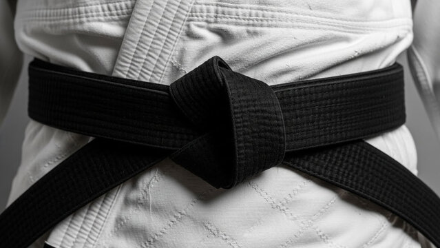 Black belt on a white martial arts uniform, symbolizing master rank and achievement in various combat sports or self defense disciplines.
