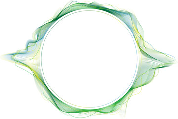 Naklejka premium Frame with round center of dynamic neon curved, outward-extending lines for concepts in technology, user interface design, and web design. Green and yellow lines. Transparent background