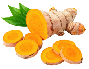 Freshly sliced orange turmeric root with green leaves on black