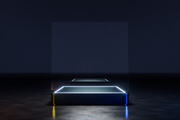 Dark futuristic podium with glowing edges