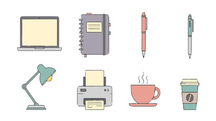 Vector icons of office supplies and workspace equipment such as laptops, lamps, notebooks, and stationery.