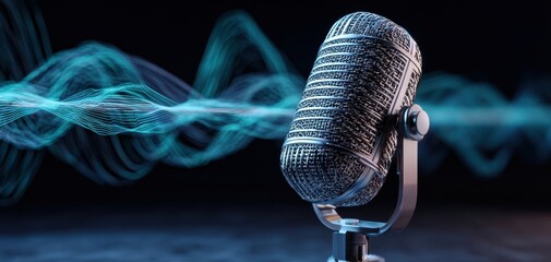 The Microphone Surrounded by Blue Waveforms Evoking Studio Recording and Broadcast Atmosphere