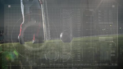 Animation of data processing over legs of caucasian male soccer player on stadium - Powered by Adobe