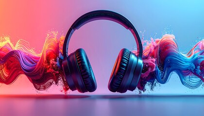 a pair of over-ear headphones surrounded by colorful abstract shapes