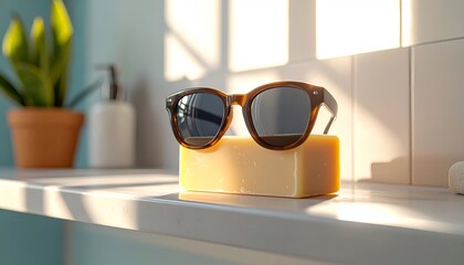 a pair of sunglasses sitting atop a block of soap, with sunlight streaming through a window