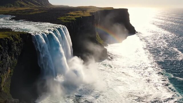 Cliffside coastline with a roaring waterfall, misty spray and a rainbow over sunlit basalt cliffs.!!