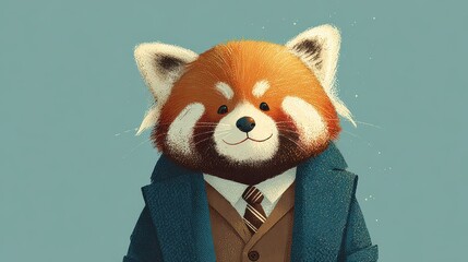 Red panda in a suit smiles at the viewer while standing against a plain background during a digital art scene created in a modern style