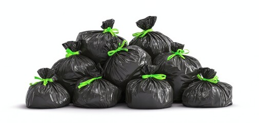 The Garbage Bags Piled in a Pyramid with Green Ties on White Background