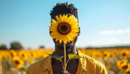a person standing in a field of sunflowers with a single sunflower in their hand